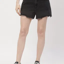 Madame Women Washed High-Rise Distressed Cotton Denim Shorts-36