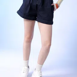 Freehand by The Indian Garage Co Women Blue Slim Fit High Rise Denim Shorts-picture-14