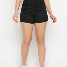 Hypernation Women Black Solid Slim Fit Outdoor Denim Shorts-11