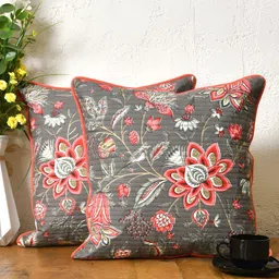 Clasiko Grey & Red 2 Pcs Floral Square Cushion Covers-7