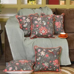 Clasiko Grey & White 5 Pieces Floral Square Cushion Covers-image-97