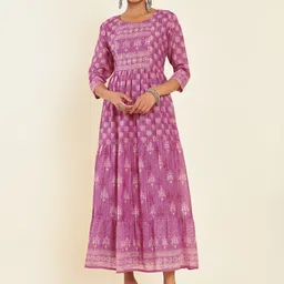 Soch Pink Ethnic Motifs Printed Modal Fit & Flare Midi Ethnic Dress-24