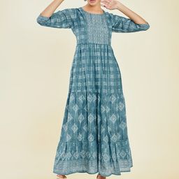 Soch Ethnic Motifs Printed Tiered Modal Maxi Ethnic Dress-image-63