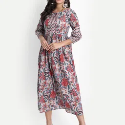 githaan Grey Floral Tie-Up Neck A-Line Midi Dress-image-83
