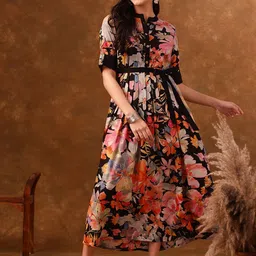 Anouk Floral Printed Roll-Up Sleeves Belted Pleated Fit & Flare Dress-picture-44