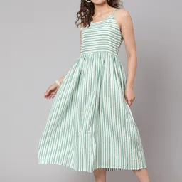 antaran Women White & Green Striped Pure Cotton Midi Dress-image-88