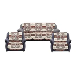 Kuber Industries Cream Coloured 7 Pieces Floral-Printed Cotton 5-Seater Sofa Covers-44