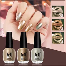 MI FASHION Set of 3 High Shine Long-Lasting Nail Lacquer12 ml Each - Light Golden 13 - Golden 43 - Metallic Green 67-14