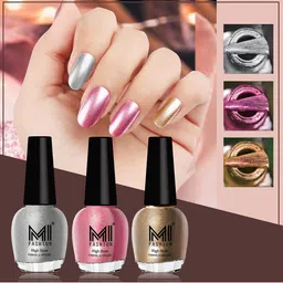 MI FASHION Set of 3 High Shine Long-Lasting Nail Lacquer 12 ml Each - Metallic Silver 46 - Metallic Pink 47 - Golden 43-52