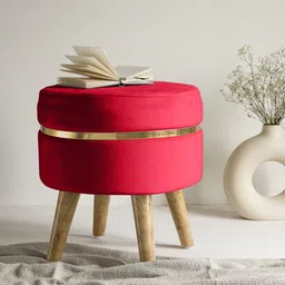 Clasiko Red Solid Ottomans With Wooden Legs-51