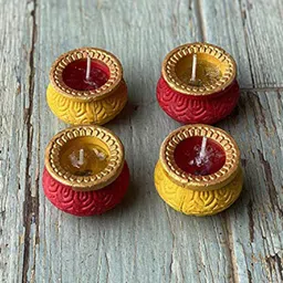 Ariana Set of 4 Yellow & Maroon Textured Terracotta Pooja Diyas-55