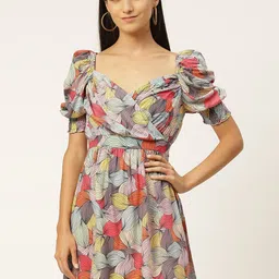 IQRAAR Women Pink & Grey Tropical Printed Fit & Flare Dress-image-4
