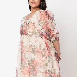 Curves by MISH Plus Size Beige Floral Fit & Flare Dress-22