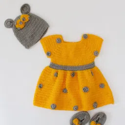 Woonie Floral Embroidered Acrylic Dress With Cap & Booties-image-10