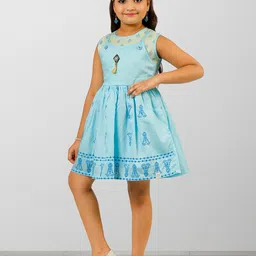 ZOOBA Turquoise Blue Ethnic Motifs Printed Cotton Dress-image-16
