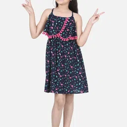 StyleStone Girls Navy Blue and Pink Conversational Printed Fit and Flare Dress-image-3