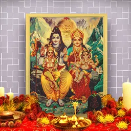 Hawai Gold-Toned & Red Shiva Parvati with Ganesh and kartikeya Wooden Wall Photo Frames-13