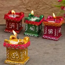 Fashion Bizz Red & Green 4 Pieces Tulsi Shaped Traditional Terracotta Diyas-image-17