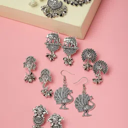 PANASH Set Of 6 Silver Plated Oxidised Drop Earrings-31