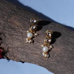 Ruby Raang Gold-Plated Kundan Studded Classic Pearl Drop Earrings-image-17