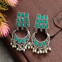 UNIVERSITY TRENDZ Silver-Plated Stone Studded Oxidised Classic Drop Earrings-image-84