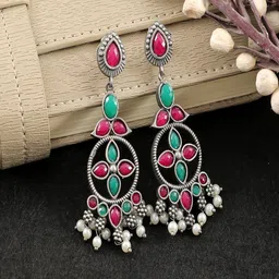 UNIVERSITY TRENDZ Silver-Plated Stone Studded Oxidised Classic Drop Earrings-37
