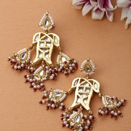 DUGRISTYLE Gold-Plated Kundan & Beaded Classic Drop Earrings-12