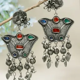 Moedbuille Silver-Plated Stones Studded & Pearls Beaded Contemporary Drop Earrings-image-82