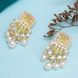 KARATCART Lime Green & White Gold Plated Pearl Studded Kundan Drop Earrings-31