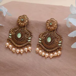 KARATCART Gold-Plated Lime Green  & Off-White Stone Studded Drop Earrings-18