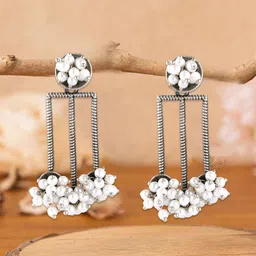 Adwitiya Collection Silver-Plated Oxidised Geometric Drop Earrings-51