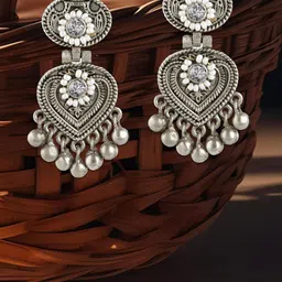 Adwitiya Collection Silver-Plated Stone-Studded & Beaded Classic Oxidised Drop Earrings-13