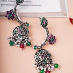 Adwitiya Collection Silver-Plated Artificial Stones Studded Classic Oxidised Drop Earrings-14