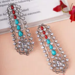 Adwitiya Collection Silver-Plated Stones Studded Classic Oxidised Drop Earrings-image-5
