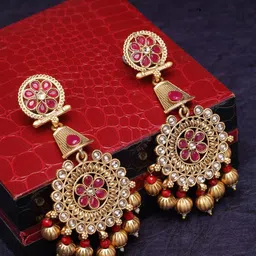 PANASH Women Gold-Plated & Red Circular Drop Earrings-12