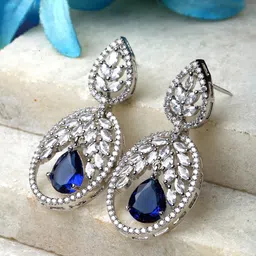 ZENEME Rhodium-Plated American Diamond studded Oval Shaped Drop Earrings-30