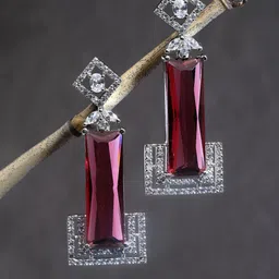 ZENEME Rhodium-Plated American Diamond Studded Geometric Drop Earrings-29