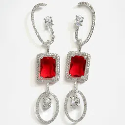 DressBerry Rhodium-Plated & Red AD-Studded Geometric Drop Earrings-picture-3