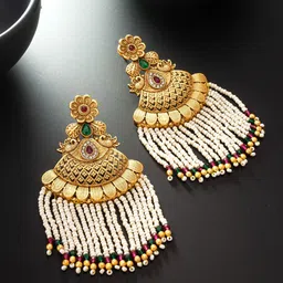 aadita Gold-Plated Geometric Artificial Stone Studded & Beaded Drop Earrings-11