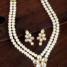 Peora Gold Plated & White Crystal Pearl Long Necklace with Drop Earrings-image-82