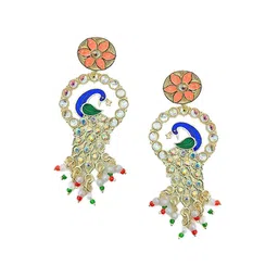 Anouk Gold-Plated Stone-Studded & Beaded Peacock Shaped Drop Earrings-9