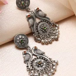 Jazz and Sizzle Silver-Plated Peacock Shaped Oxidised Jhumkas-95
