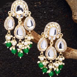 ZENEME Gold Plated Contemporary Stone And Bead Studded Drop Earrings-50