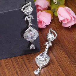 ZENEME Rhodium-Plated AD Studded Teardrop Shaped Drop Earrings-49