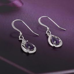 VANBELLE 925 Rhodium-Plated Sterling Silver Purple Teardrop Shaped Drop Earrings-image-2