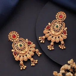 Jazz and Sizzle Gold-Plated Stone-Studded & Beaded Contemporary Drop Earrings-47