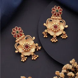 Jazz and Sizzle Gold Plated Stone Studded & Beaded Floral Drop Earrings-9