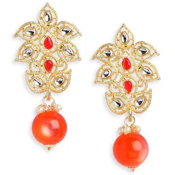 Anouk Gold-Plated & Red Stone Studded & Beaded Dome Shaped Drop Earrings image 2