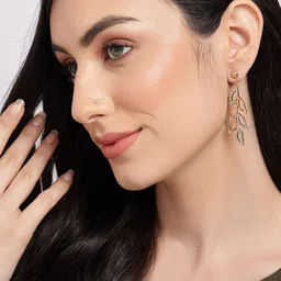 SOHI White & Gold-Plated Leaf Shaped Drop Earrings-image-67