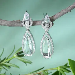 ZENEME Rhodium-Plated American Diamond Teardrop Shaped Drop Earrings-62
